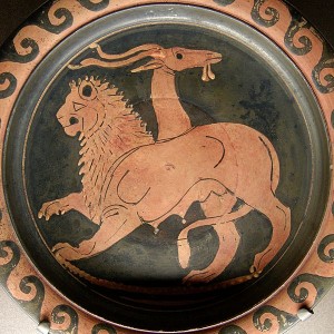 The Chimera on a red-figure Apulian plate, c. 350–340 BC (Musée du Louvre).